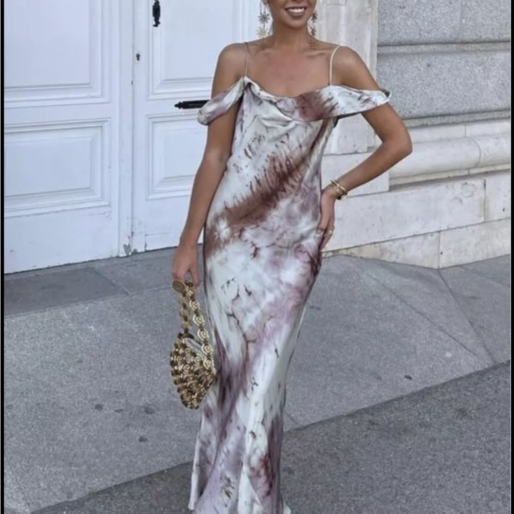 Zara Off-Shoulder Maxi Dress in Cream and Brown